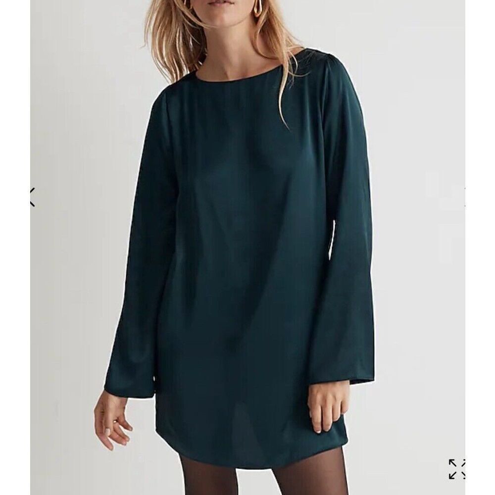 MADEWELL Dress Womens XS Green Satin Mini Shift NEW Bell Sleeve NO108